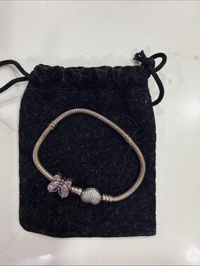 PANDORA Bracelet - Silver Tone Charm Bracelet with Pink Butterfly and Pavé Heart